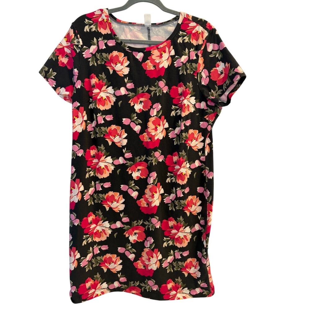 Old Navy Floral T-Shirt Dress Black Pink Red Mini Casual Short Sleeve XL